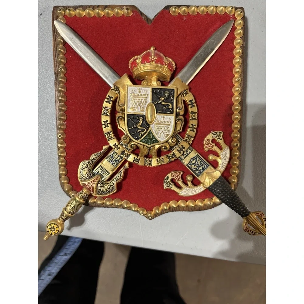 Vintage Metal Coat of Arms Shield Medieval Wall Decor Red Velvet Knight Spain
